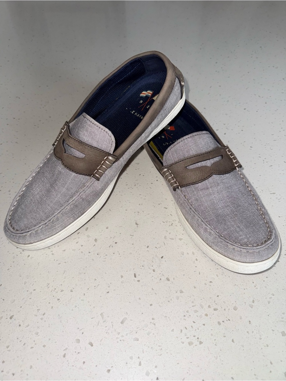 Cole Haan Gray Fabric Slip-On Loafers with Brown Trim